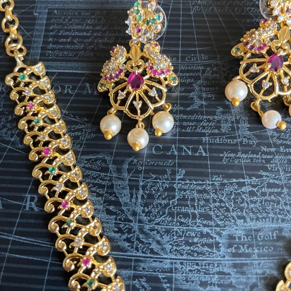 Gold-Tone Floral Pendant Necklace and Earrings Set - Pink and Green Accent